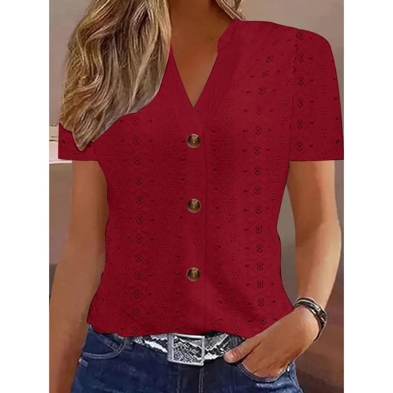 Modische lässige einfarbige Damen-T-Shirts mit V-Ausschnitt und kurzen Ärmeln