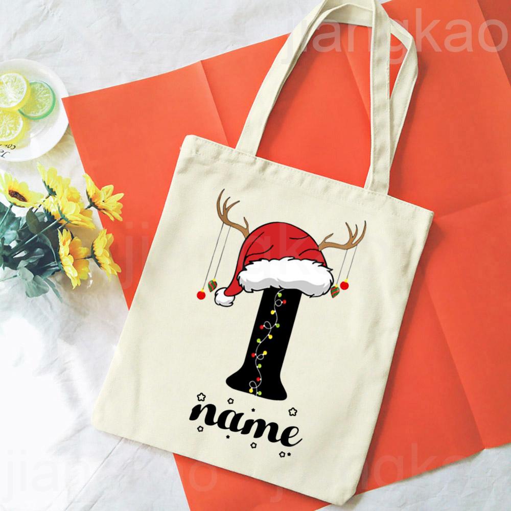 Personalized Christmas Gift Bag Initial with Name Christmas Sack Alternative Stocking Filler Bags Xmas Eve Pouch Gift for Kids