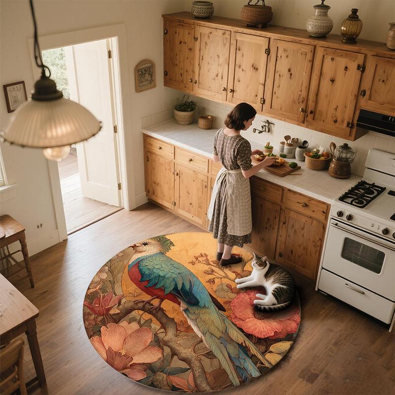 Vintage Flower Bird,Round Area Rug,Carpet Rug for Living Room Bedroom Sofa Playroom Decor,Non-slip Floor Mat