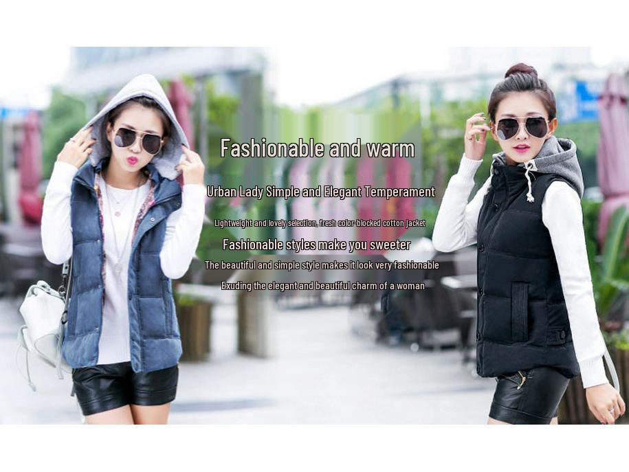 Korean Style Women's Hooded Peach Velvet Sleeveless Cotton Vest - Autumn/Winter Collection