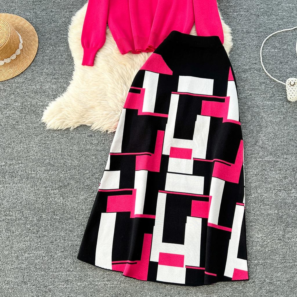 Høst Vinter Kvinner Elegant Strikket Genser Kontor Todelt Sett Ståkrage Pullover Topper og Lang Maxi Skjørt Dress