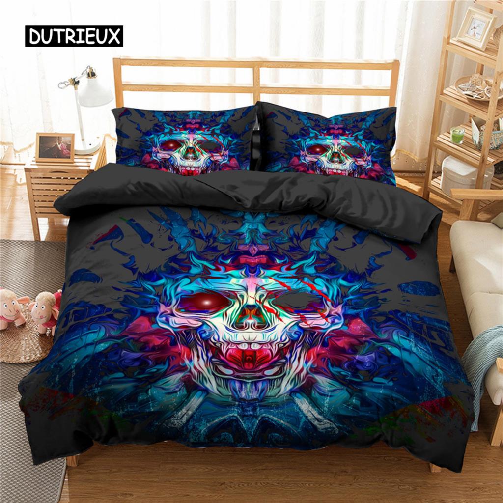 Sugar Skull King Queen Duvet Cover Cartoon Skeleton Blue Car Bedding Set for Teens Adults Halloween Day of The Dead Quilt Cover