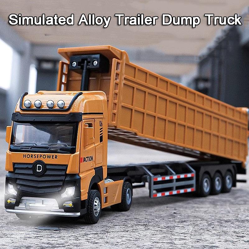 AAZT1 1:50 Scale Trailer Dump Truck Model Car Toys Alloy Diecast Sound Light 3 Doors Opened Pull Back Transportation Engineering Cars