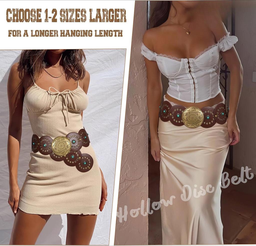 Westliche Ledergürtel für Damen Concho Cowgirl Cowboy Scheibengürtel für Damen Breiter Boho Country Taillengürtel für Kleid