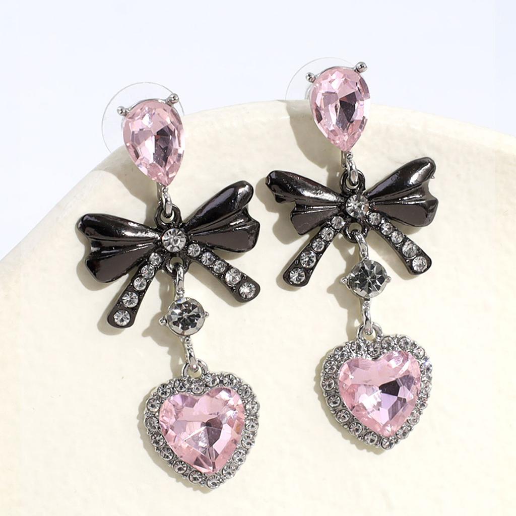 Pink Rhinestone Love Peach Heart Bow Knot Drop Earrings for Women Cool Dark Gothic Fashion Dangle Earrings Y2k Trendy Jewelry