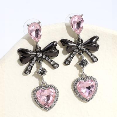 Pink Rhinestone Love Peach Heart Bow Knot Drop Earrings for Women Cool Dark Gothic Fashion Dangle Earrings Y2k Trendy Jewelry