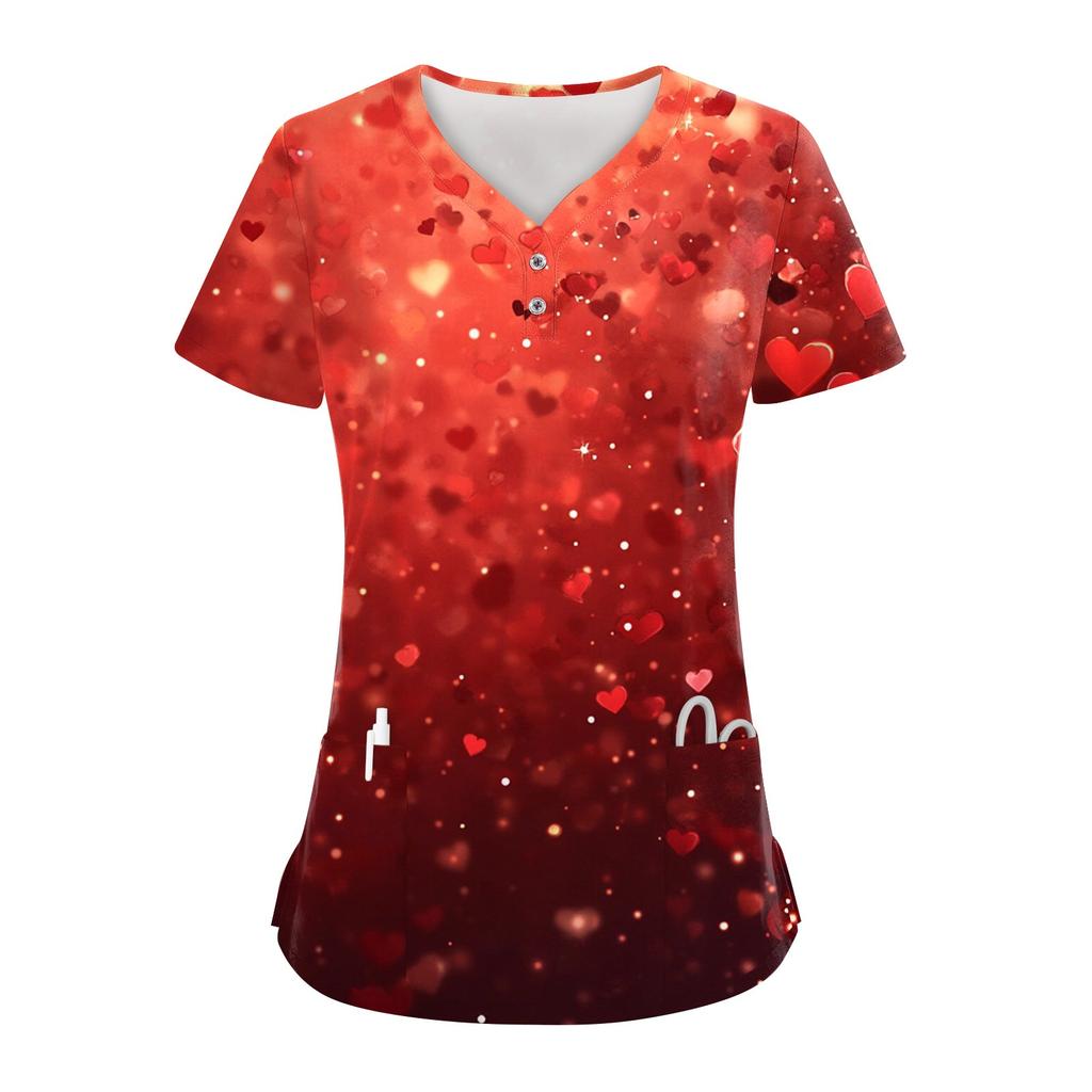 Damen-Oberteil mit Knopfleiste und V-Ausschnitt, modisch, lässig, mit Weihnachts- und Valentinstags-Print, Top für Krankenschwestern, Kasacks für Damen, 2 Taschen