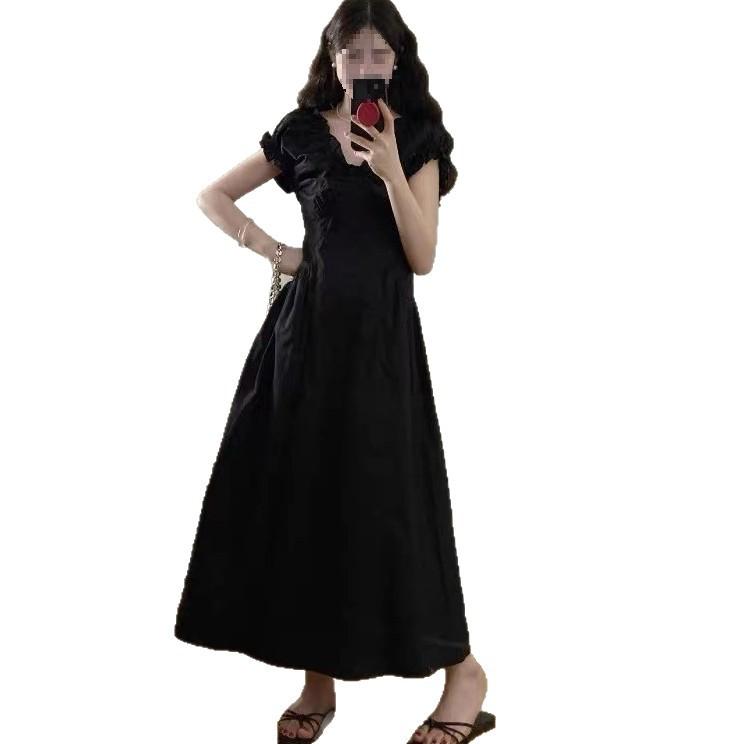 French Hepburn Style Bubble Sleeves V-neck Summer Dress High-end Temperament Women's Waist A-word Long Dress Wholesale