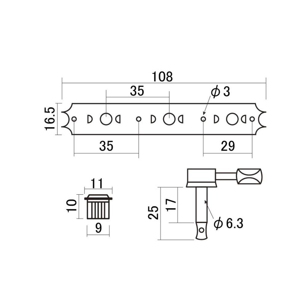 SCUD Kluson-type tuners, white plastic knobs, 3-in-line, nickel finish, 2052NS