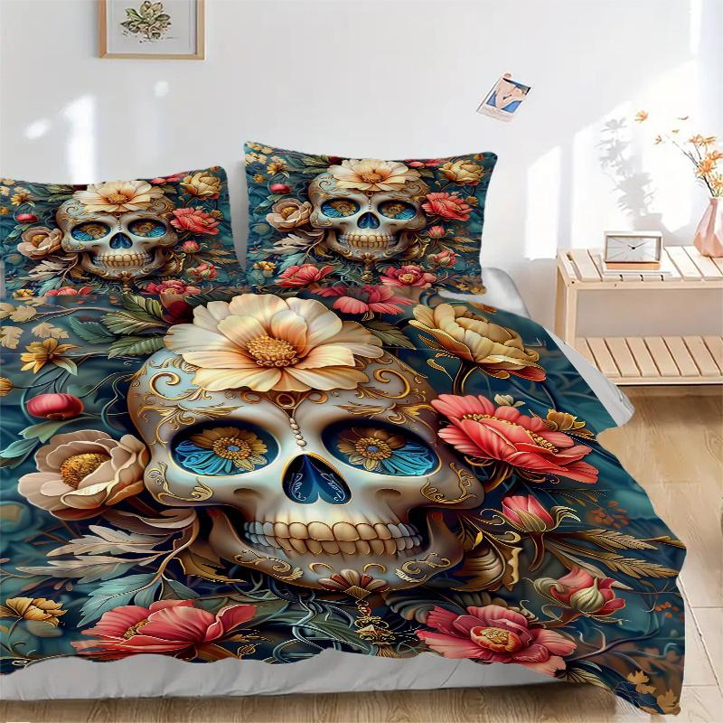 3pcs Day of the Dead Design Bedding Set - 1 Soft Quilt Cover + 2 Pillowcases, Machine Washable - Suitable for All Seasons, Perfect Gift for