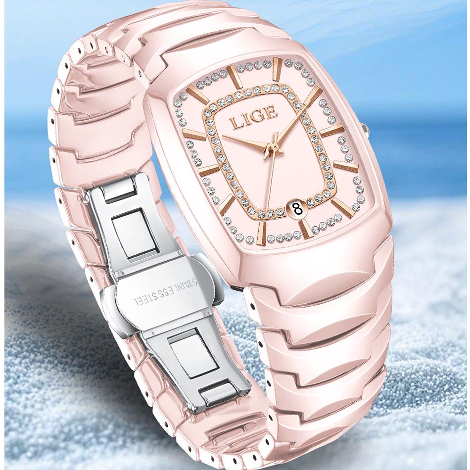LIGE Fashionable Women's Square Multi-Function Waterproof Quartz Calendar Watch