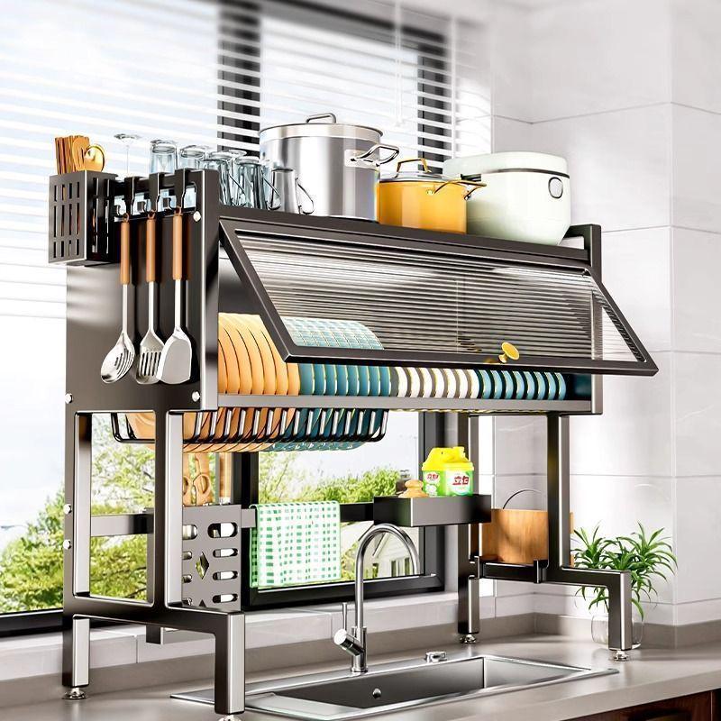 Multifunctional Kitchen Sink Organizer: Dustproof Dish and Cupboard Rack for Countertop Storage.
