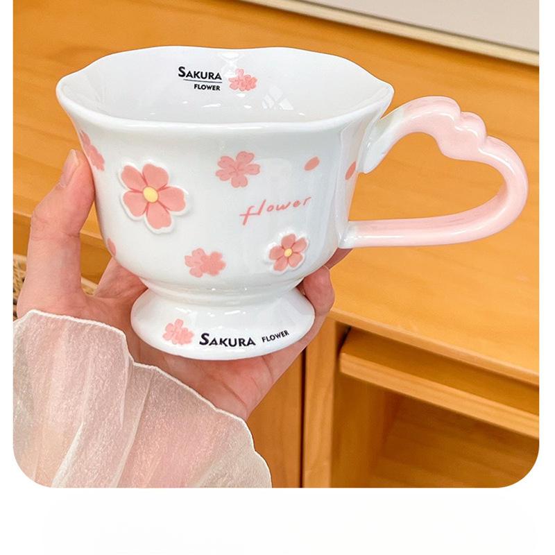 Sakura Mug with Spoon for Women's Office Coffee Cup Simple Ceramic Breakfast Cup Household Milk Cup Portable Box