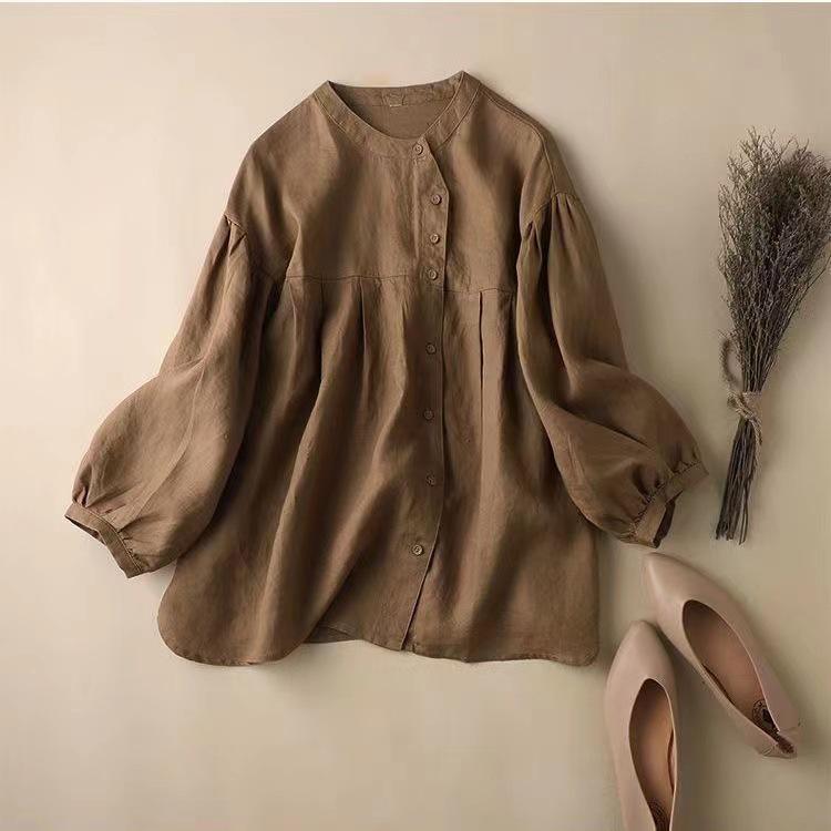 Women's Loose Fit Lantern Sleeve Cotton Linen Blouse - Babydoll Design, Nine-Point Sleeve, Solid Color Fashion Shirt 803