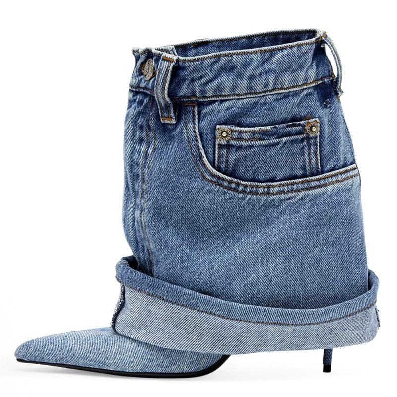 Fashion Blue Denim Slim Heel Cuffed Short Boots Rivet Pocket Design Pointed Toe Metal Buckle High Heel Fashion Large Size 45 Women Boots