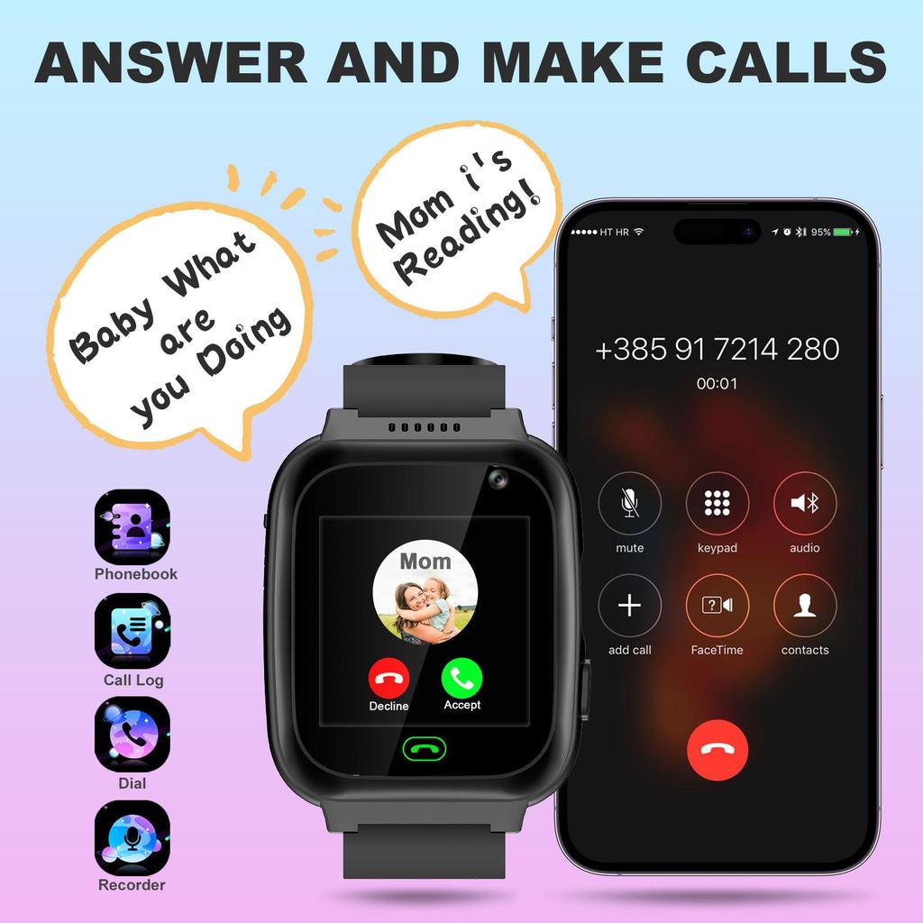 Kinder Smartwatch mit Zwei-Wege-Anruf, Kindersichere Anti-Verlust Smartwatch-Telefon, SOS-Anruf, Fernkamera, Touchscreen, Spiele