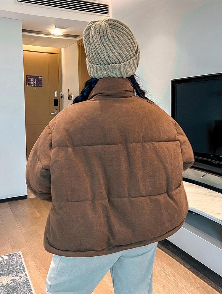 Short Stand Collar Loose Warm Coat Basic Jacket with Adjustable Hem