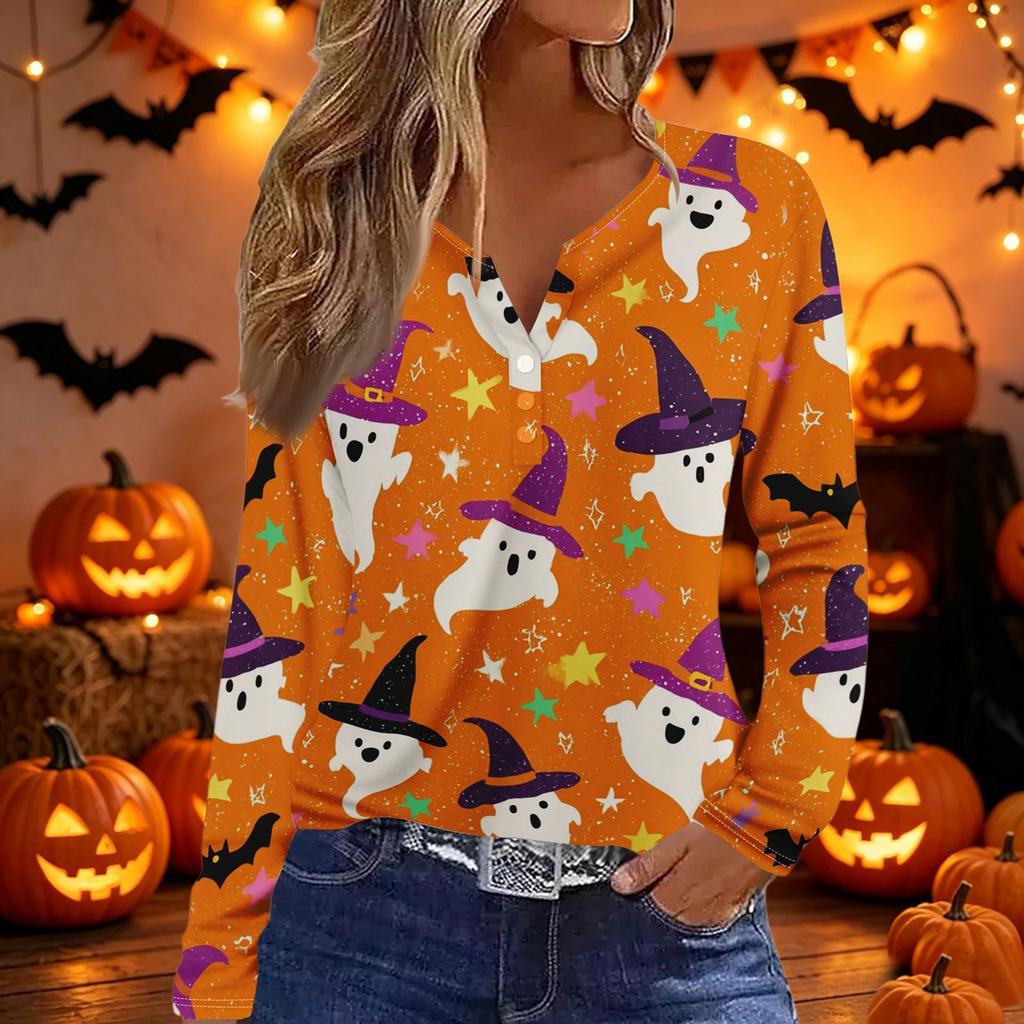 Damen Halloween Bedrucktes V-Ausschnitt Langarm T-Shirt, Knopfleiste Lässiges Oberteil für Damen