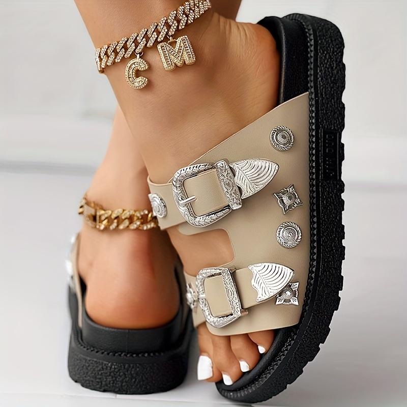 Women's Solid Color Platform Sandals, Double Buckle Design Straps Slip On Thick Bottom Slides Shoes, Summer Comfy Footwear