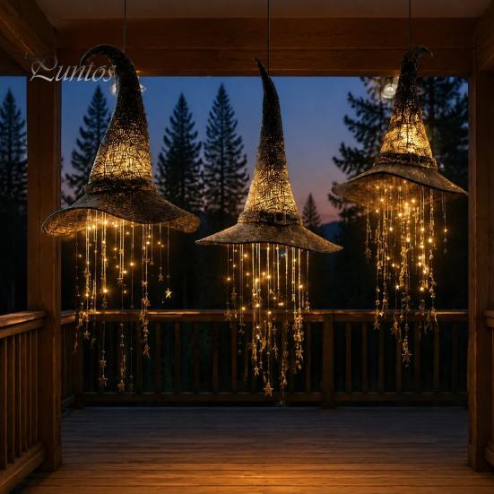 Gruselige Party-Gartendekoration Leuchtender Hexenhut Hängelampe, Leuchtendes Halloween mit Funkelnden Einfach zu Installierende Lichter Sterne Mond, Innen Außen