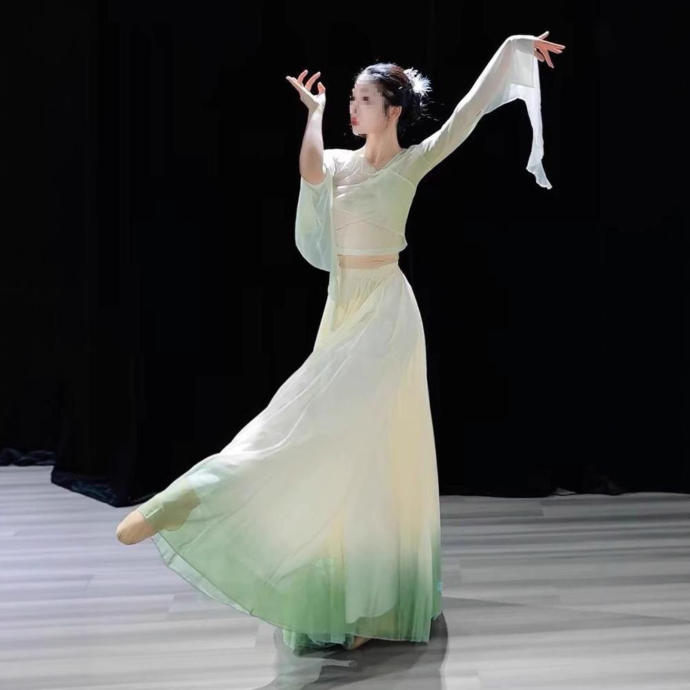 Damen 720° Grün Farbverlauf Fließender Chinesischer Tanzkostüm Rock