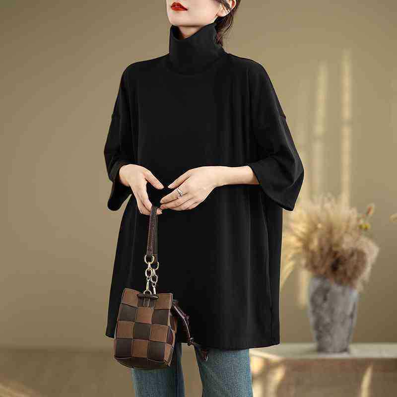 Plus Size Artistic Retro High Neck Short Sleeve Women's T-Shirt - Autumn 2025 Collection, Loose Slimming Fit, Regular Shoulder Base Layer