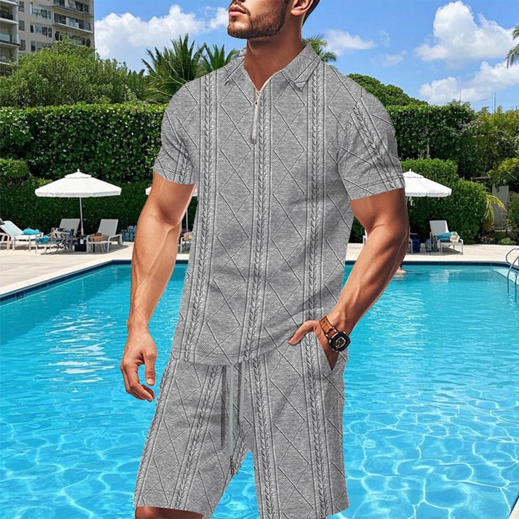 Men's Summer Solid Color Breathable Loose Zipper Short Sleeve Shirt Shorts Set