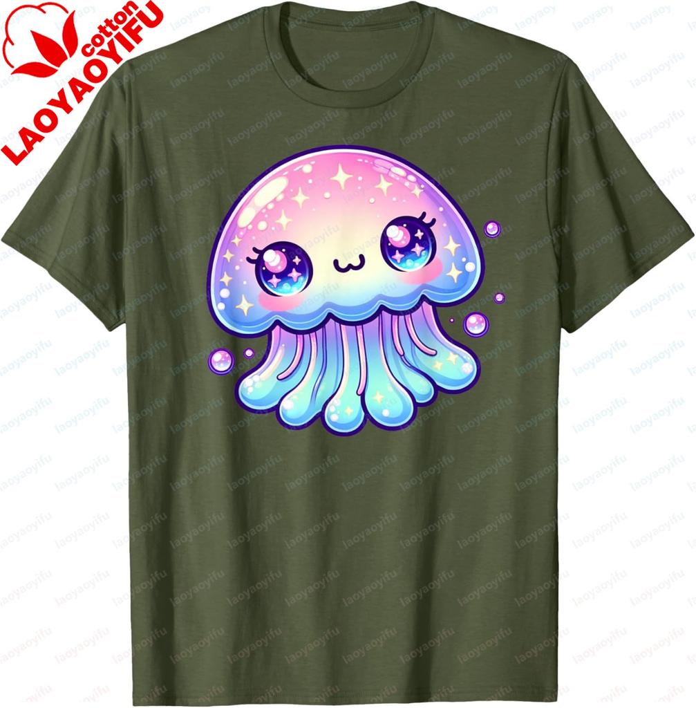 Kawaii Jellyfish Anime Fun Sea Critter Graphic Printed TShirt Summer Cotton Short Sleeve Unisex Tshirt Soft Casual Unisex T Shirt