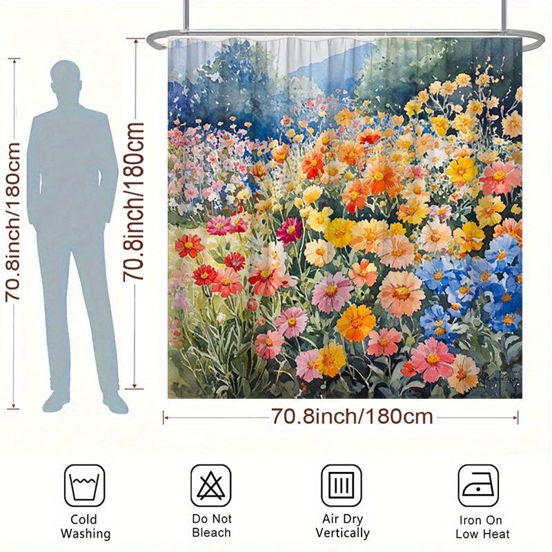 Field of Flowers Shower Curtain - Watercolor Design, Polyester, 12 Hooks, 70.8x70.8 Inches, Washable