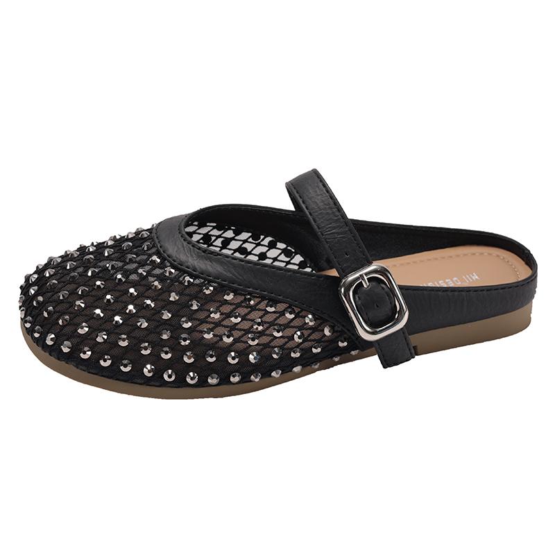 

Fashion Fashionable Crystal Buckle Slippers for Women 2025 New Hollow Breathable Elegant Round Toe Low Heel Party Sandals for Women 40 чёрный