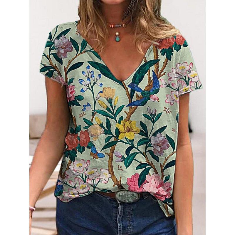 Summer V-neck 3D Flower Printed Top Fashionable Casual Short Sleeved Women's T-shirts