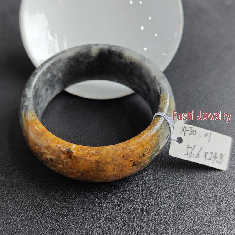 Natural Xiuyu Blue Flower Jade Bracelet, Earth Jade Blue Fanta Vein with Red Tire Accents, Widened XF30