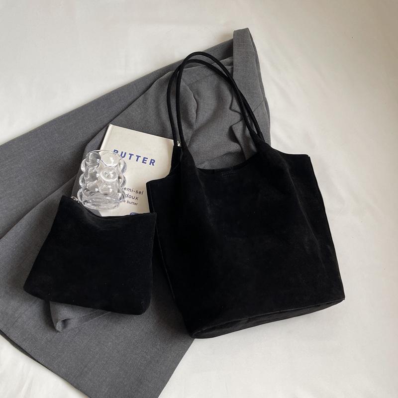Yogodlns Wildleder Nähgarn Retro Damen Schultertaschen Lässig Vielseitig Unifarben Hohe Kapazität Handtasche Tote