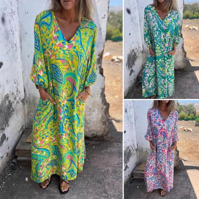 Kadın Baskılı Maxi Elbise İlkbahar Yaz V Yaka Boho Tatil Elbisesi Uzun
