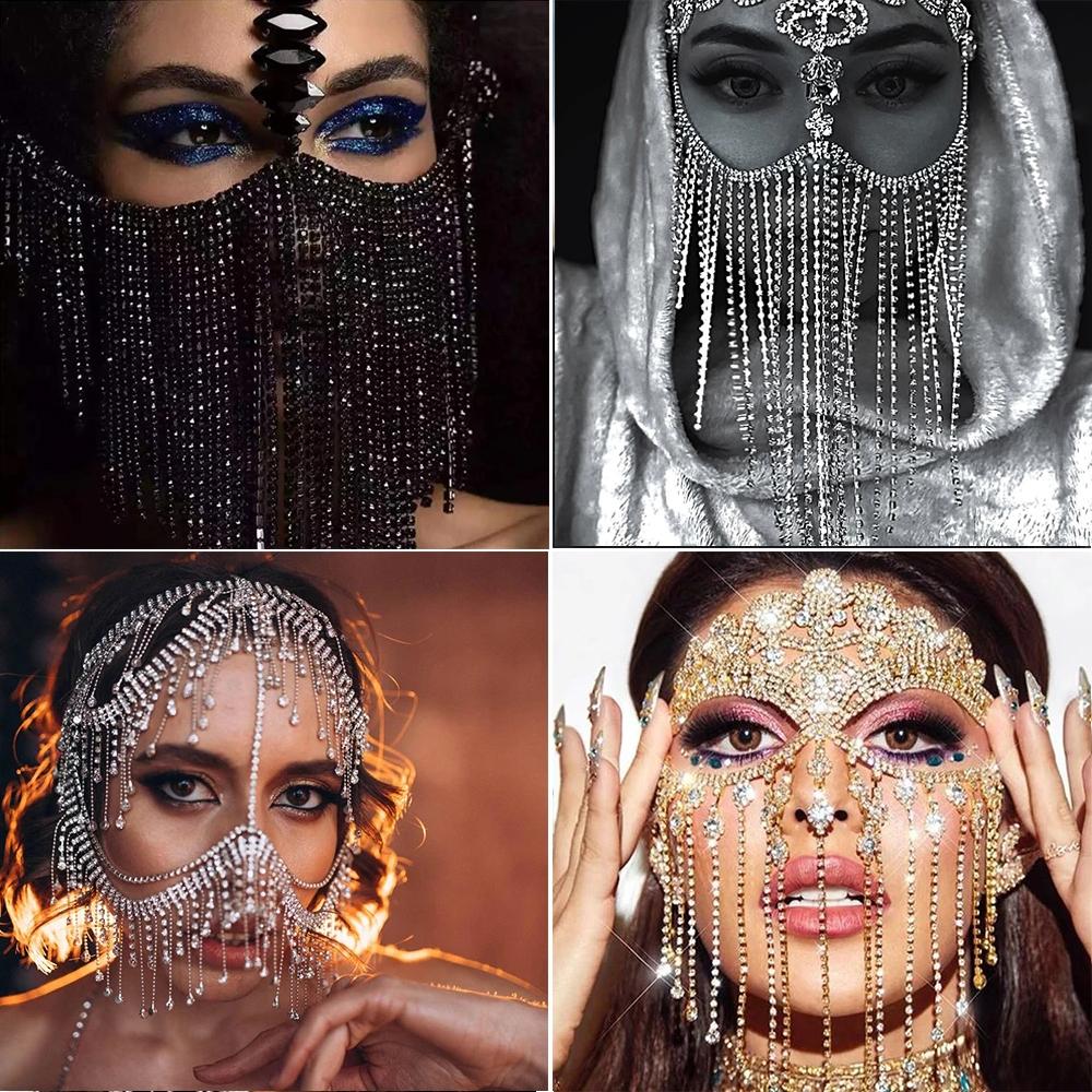 Módní okouzlující masky se střapci z kamínků pro ženy Bohe šperky na obličej řetízek maškarní ples sexy kostýmní doplňky