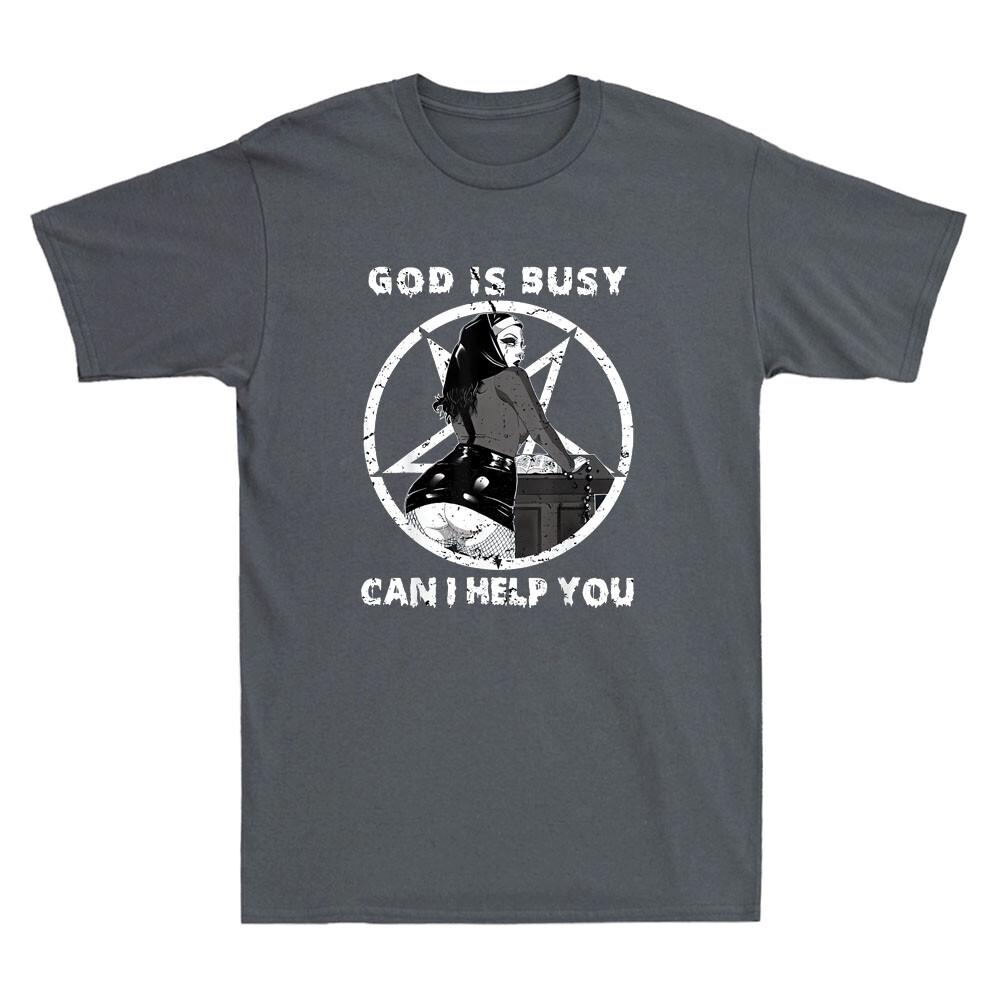 God Is Busy Can I Help You Pentagram Sexy Naughty Nun Meme Retro Unisex Tshirt