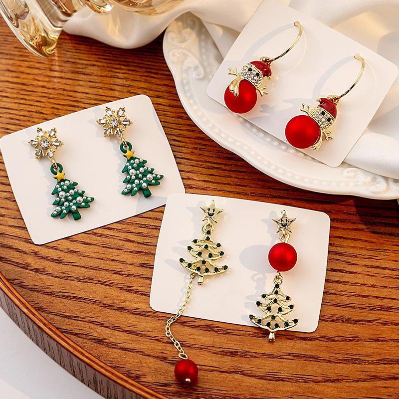 Silver Needle Christmas Snowman & Tree Asymmetrical Snowflake Earrings