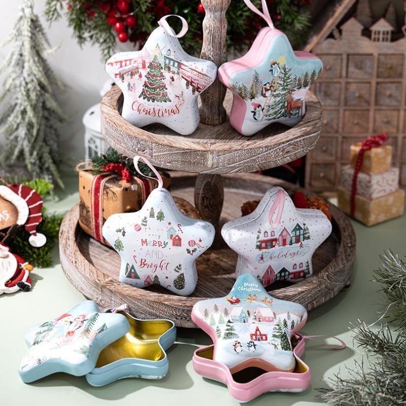 Christmas Tin Box Star Shaped Chocolate Cookies Candy Box With Hanging Rope Christmas Storage Box Ornaments Gifts