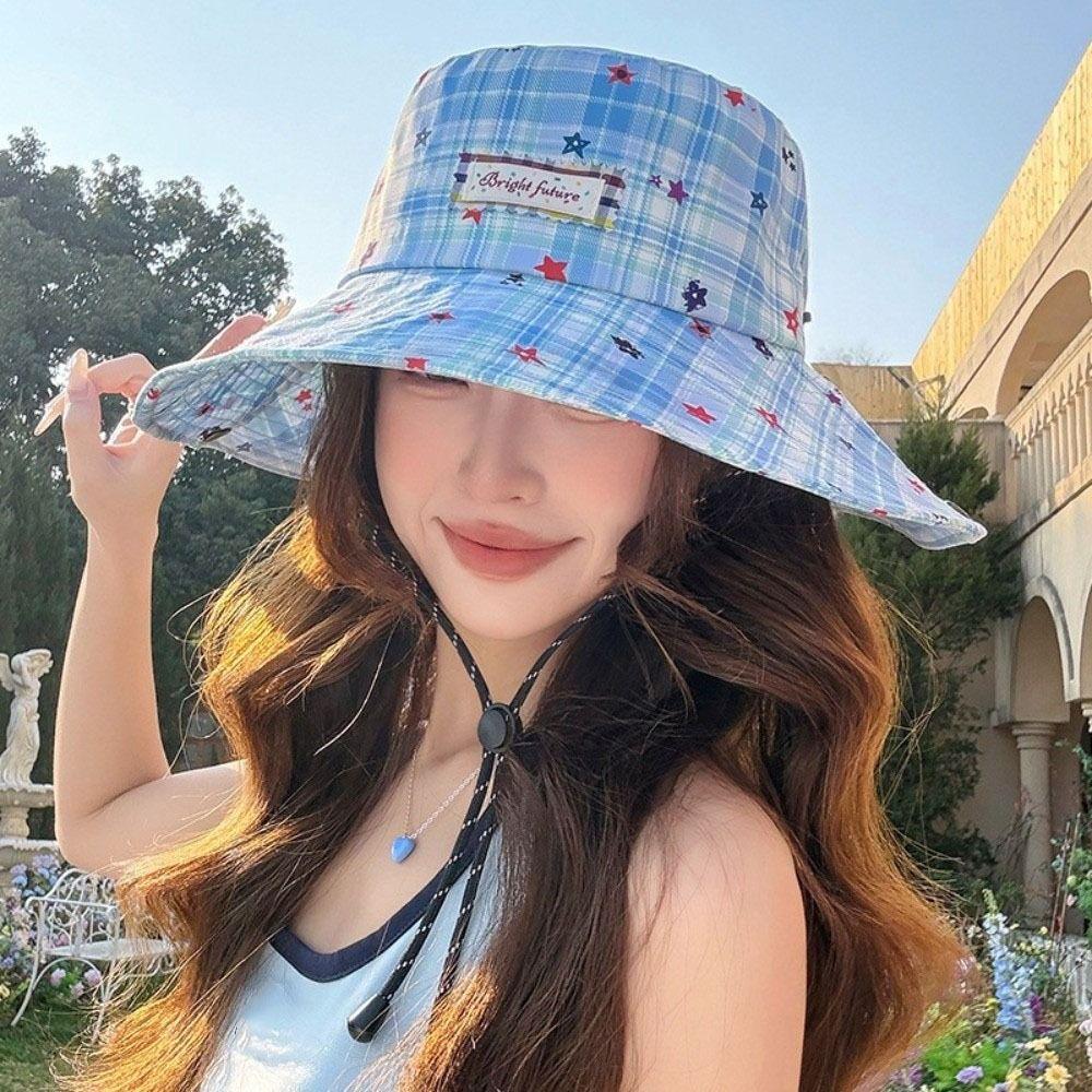Wide Brim Women Sun Hat Sun Protection Sunscreen Bucket Hat Portable Plaid Fisherman Hat  Summer