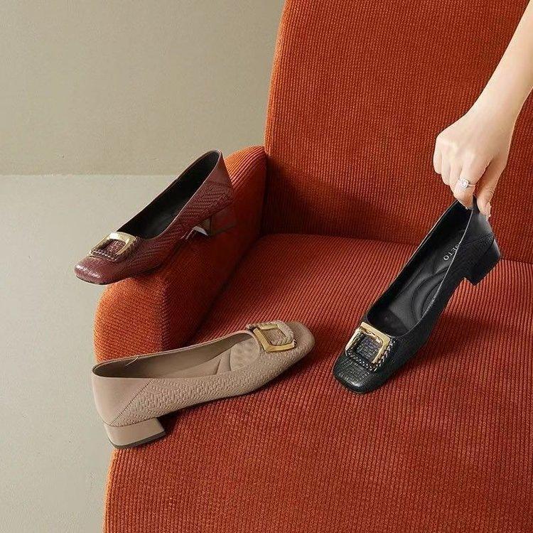 French Soft Leather Retro Shallow Mouth Single Shoes Autumn New Square Head Shoes Soft Sole Wear-resistant