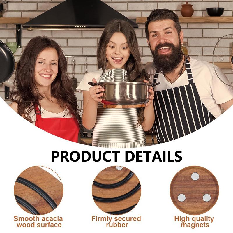 Round Acacia Wood Heat Insulation And Anti-Slip Pot Pad, Black Silicone Ring Magnetic Heating Pot, Bowl And Plate Anti-Scald Pad