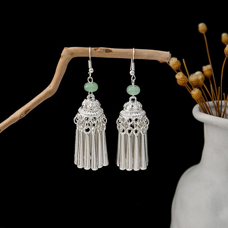 Vintage Miao Silver Minority Wind Earrings Personalized Bohemian Style Flower Long Fringed Earrings