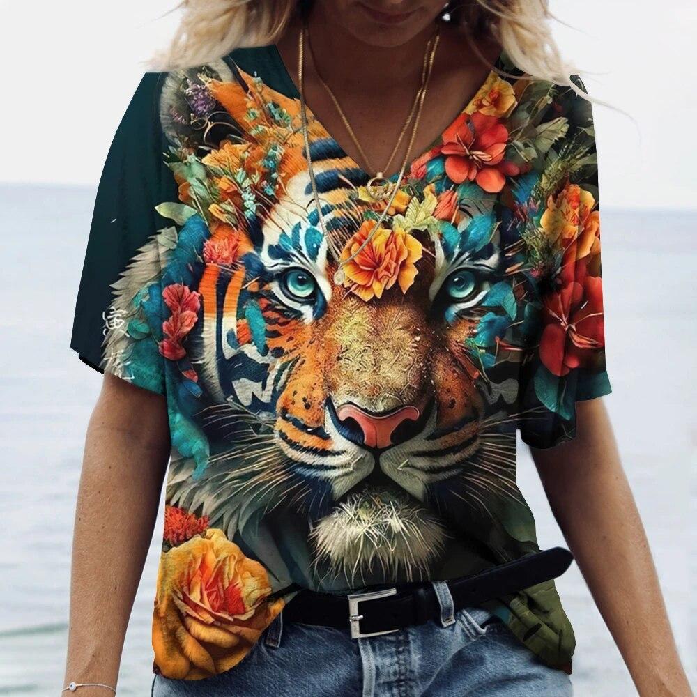 Summer V-neck 3D Animal Pattern Printed Top Fashionable Casual Short Sleeved Women's T-shirts