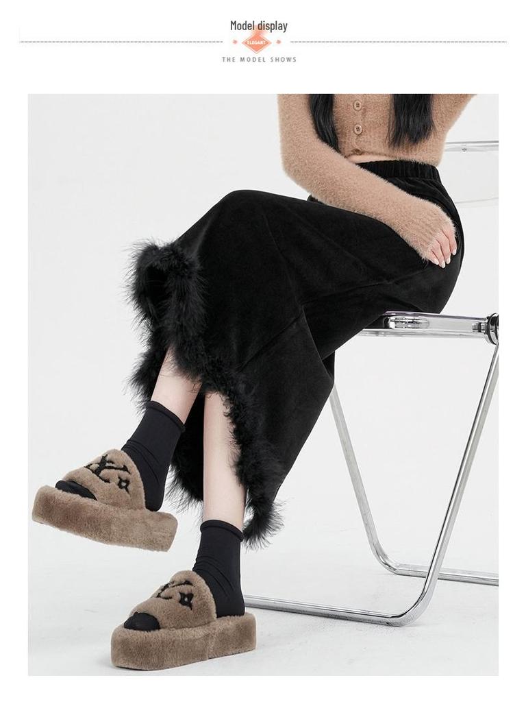 Black Velvet Fleece-Lined High-Waist Midi Skirt with Slit