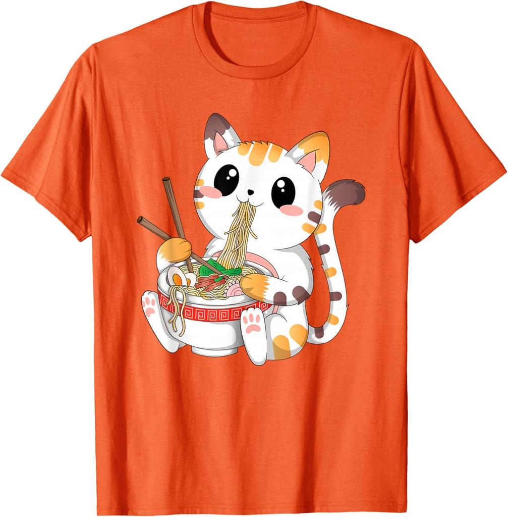 Cute Ramen Eating Kawaii Cat Graphic Tee Anime Neko Lovers Casual Cotton T-Shirt