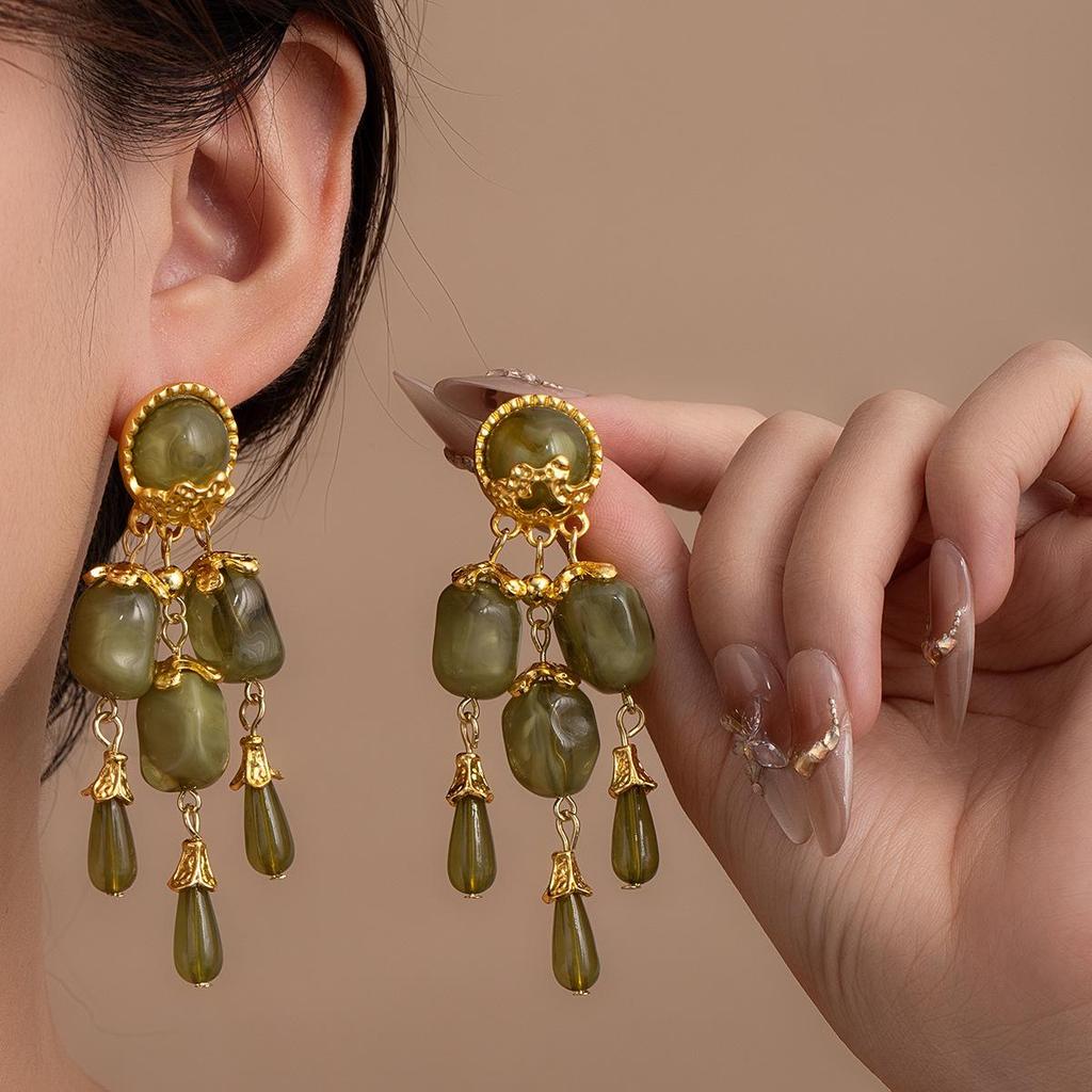 Vintage Silver Needle Green Tassel Court-Style Earrings - Unique, Quality Studs