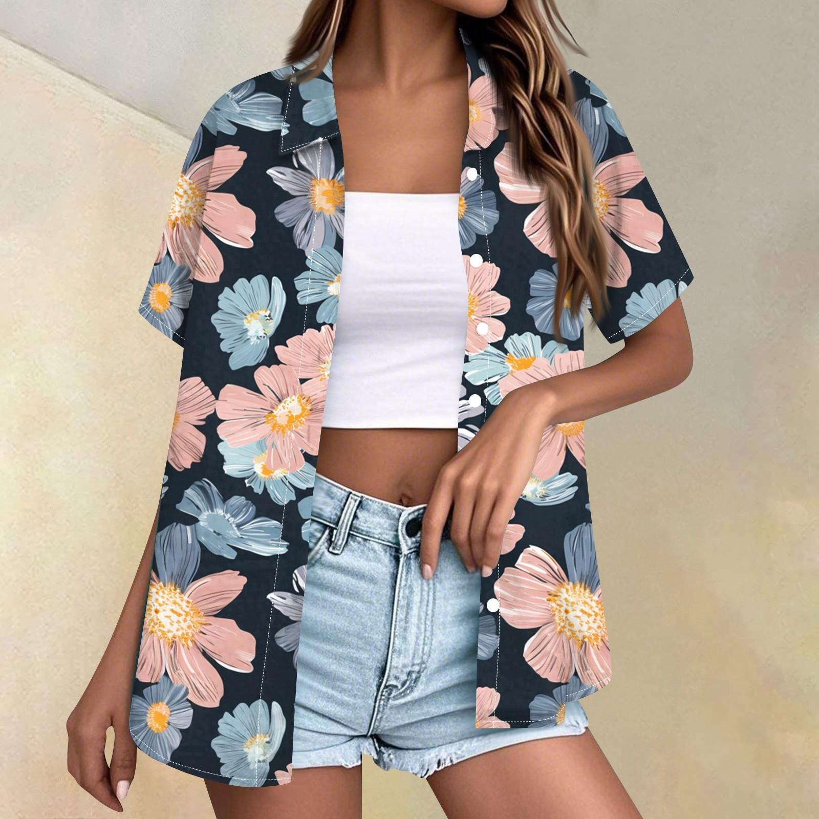 

Женская мода повседневная рубашка с коротким рукавом и лацканами на пуговицах S тёмно-синий