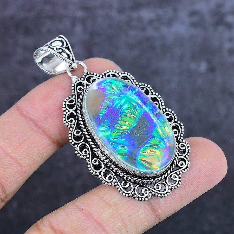 Natürlicher dichroitischer Glas Edelstein 925 Sterling Silber Schmuck Anhänger 2,36" ETC-14055