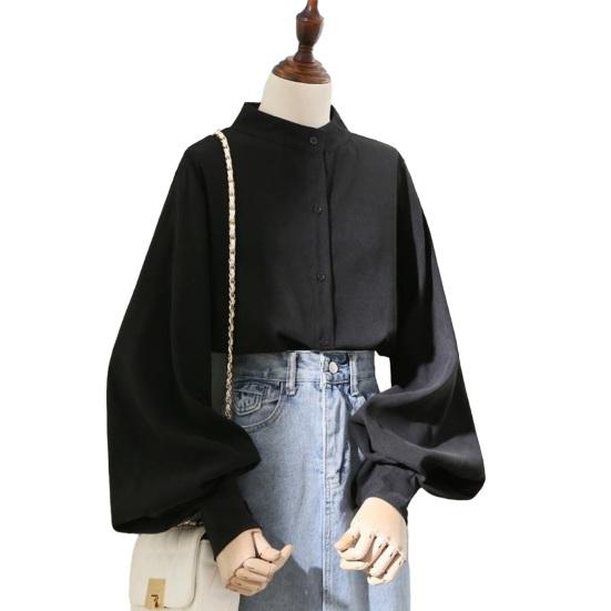 Women Spring Fall Shirt Stand Collar Loose Solid Color Long Lantern Sleeve Formal Business Style Single-breasted Cardigan Lady Commute Blouse