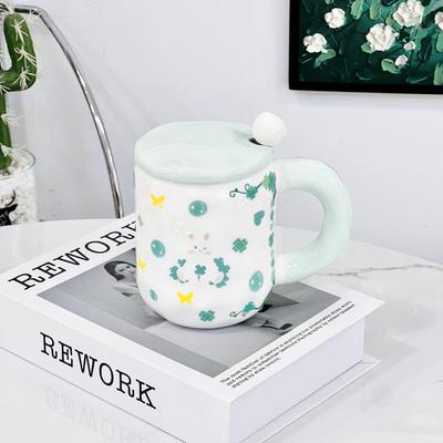Tazza in Ceramica Quadrifoglio Cartone Animato con Coperchio Cucchiaino Tazza Regalo Piccolo Tazza Acqua di Alto Valore per Ragazza Tazza Domestica Tazza Ins